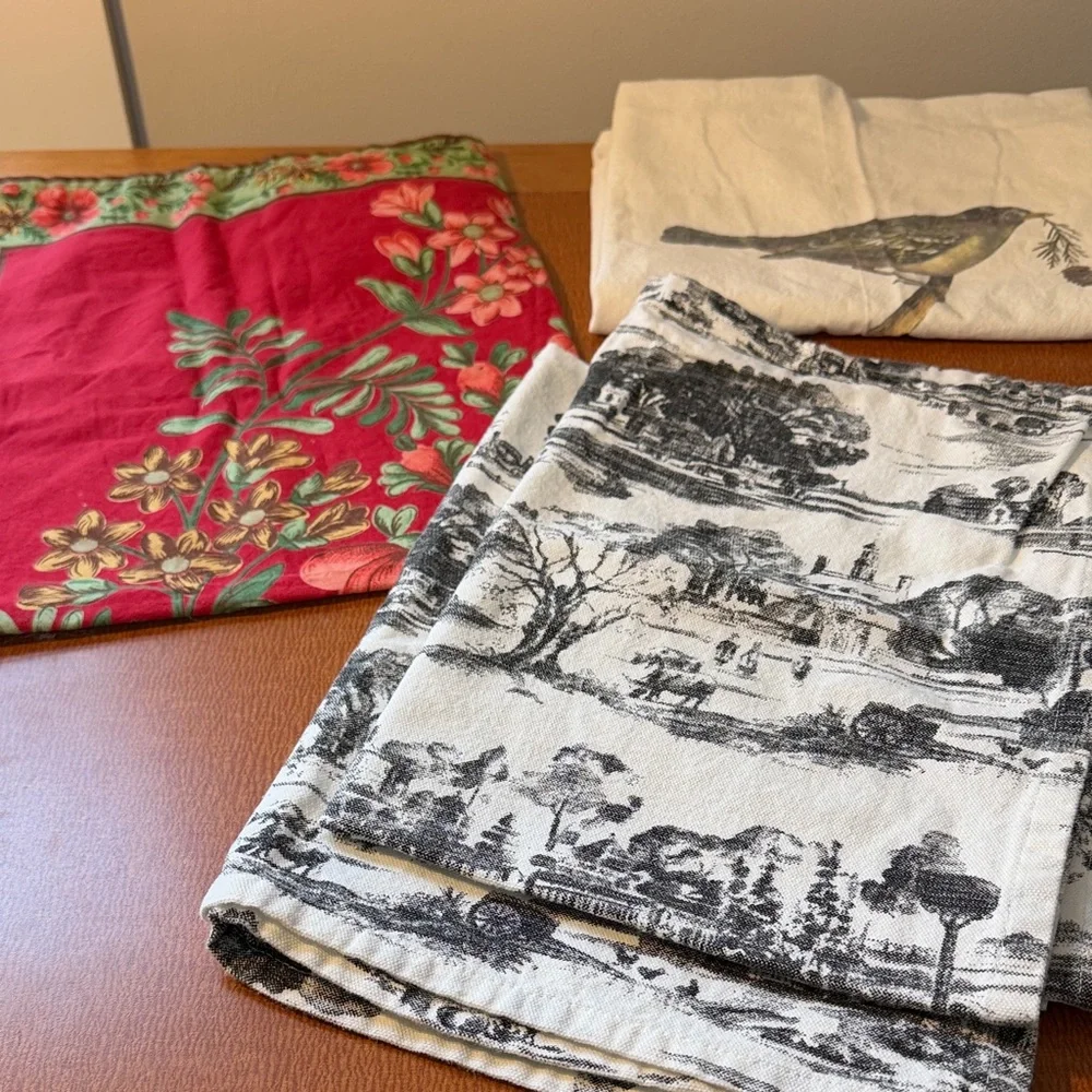 Set of Decorative Kitchen Towels - Black & White Toile + Red Floral